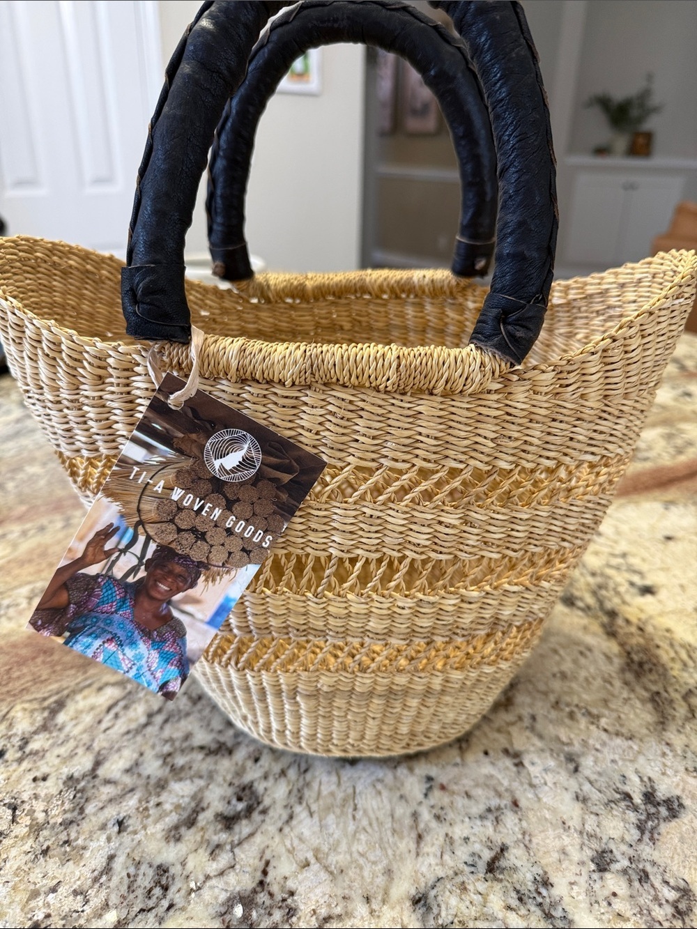 NWT Natural Straw Tote with Black leather Handles